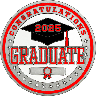 Red "Congratulations Graduate" with Red 2025, Rim, Tassel & Ribbon